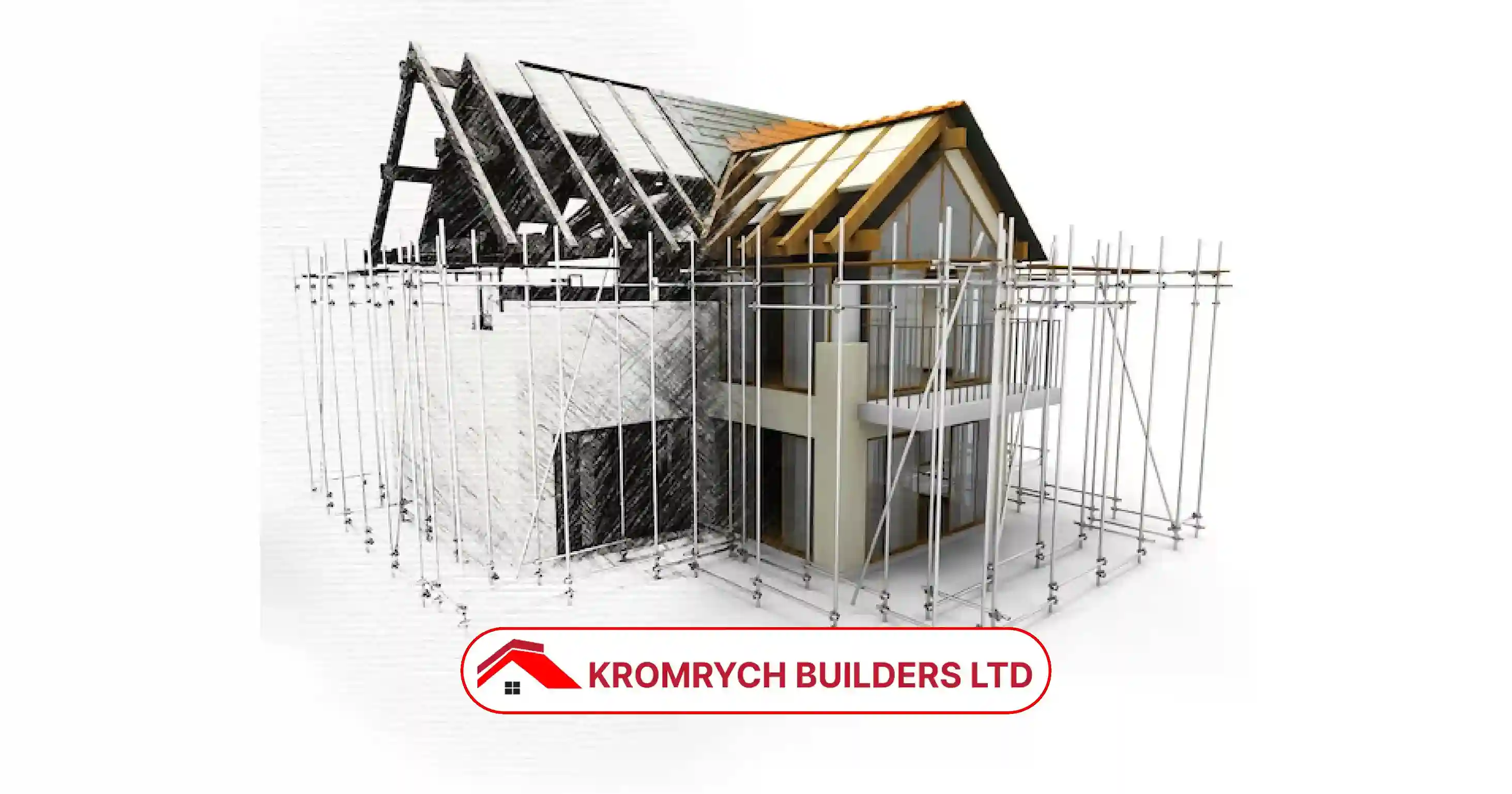 Illustration showing the construction stages of a new build house in the UK, from design sketch to completed structure by Kromrych Builders Ltd.